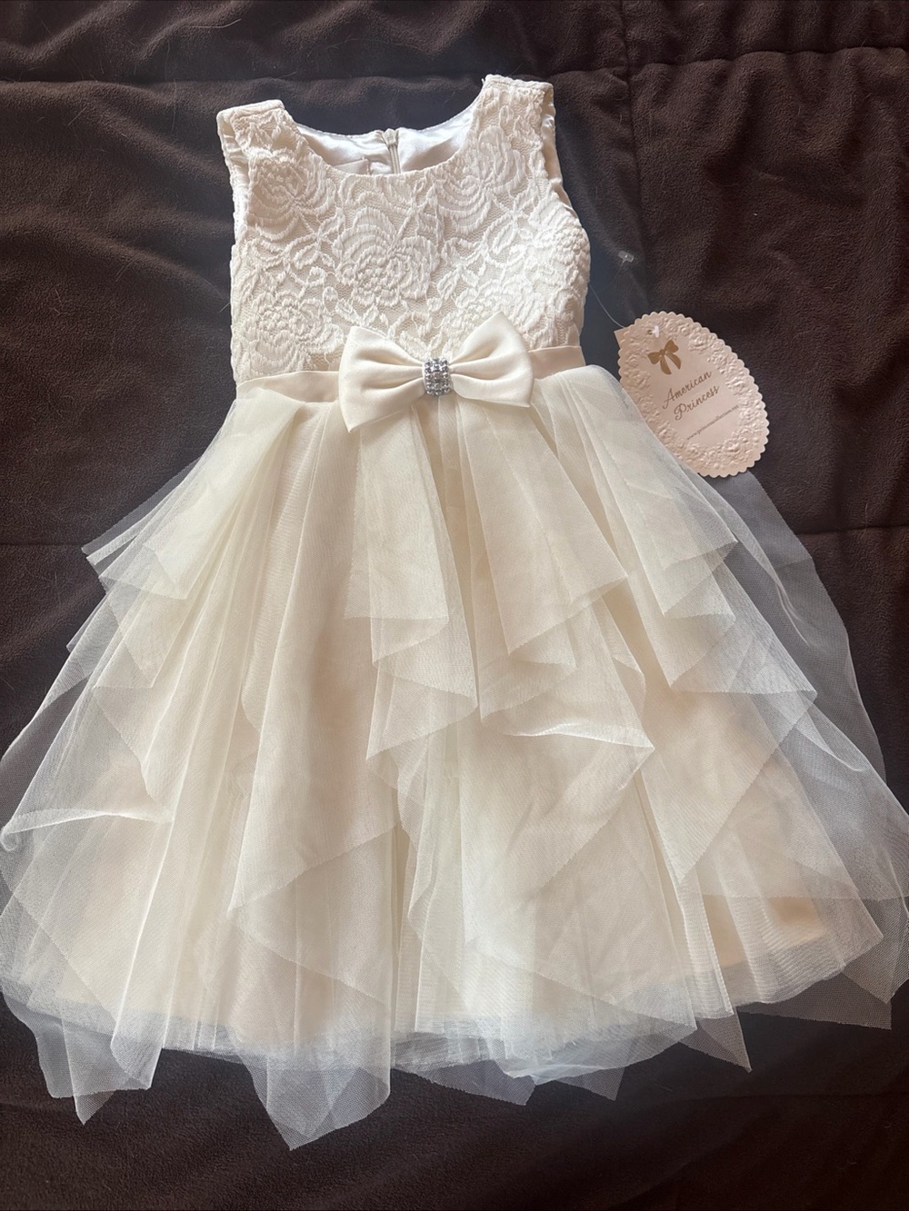 American Princess Cream Lace Bodice Tulle Party Dress with Bow